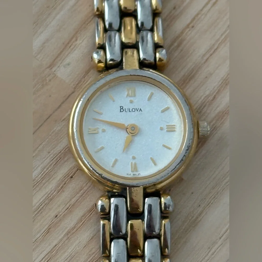 Bulova Vintage Ladies Watch Two-Tone Bracelet Pearl Dial Stainless Case New Batt